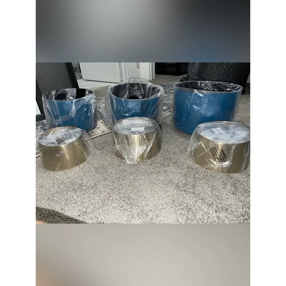 CosmoLiving NEW Blue & Gold Metal Planter 3/SET Modern Home Decor Indoor/Outdoor